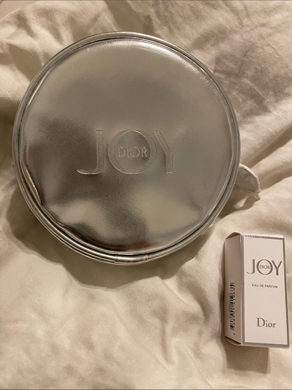 Dior Metallic Silver Round JOY Cosmetic Pouch & Dior Fragrance Set